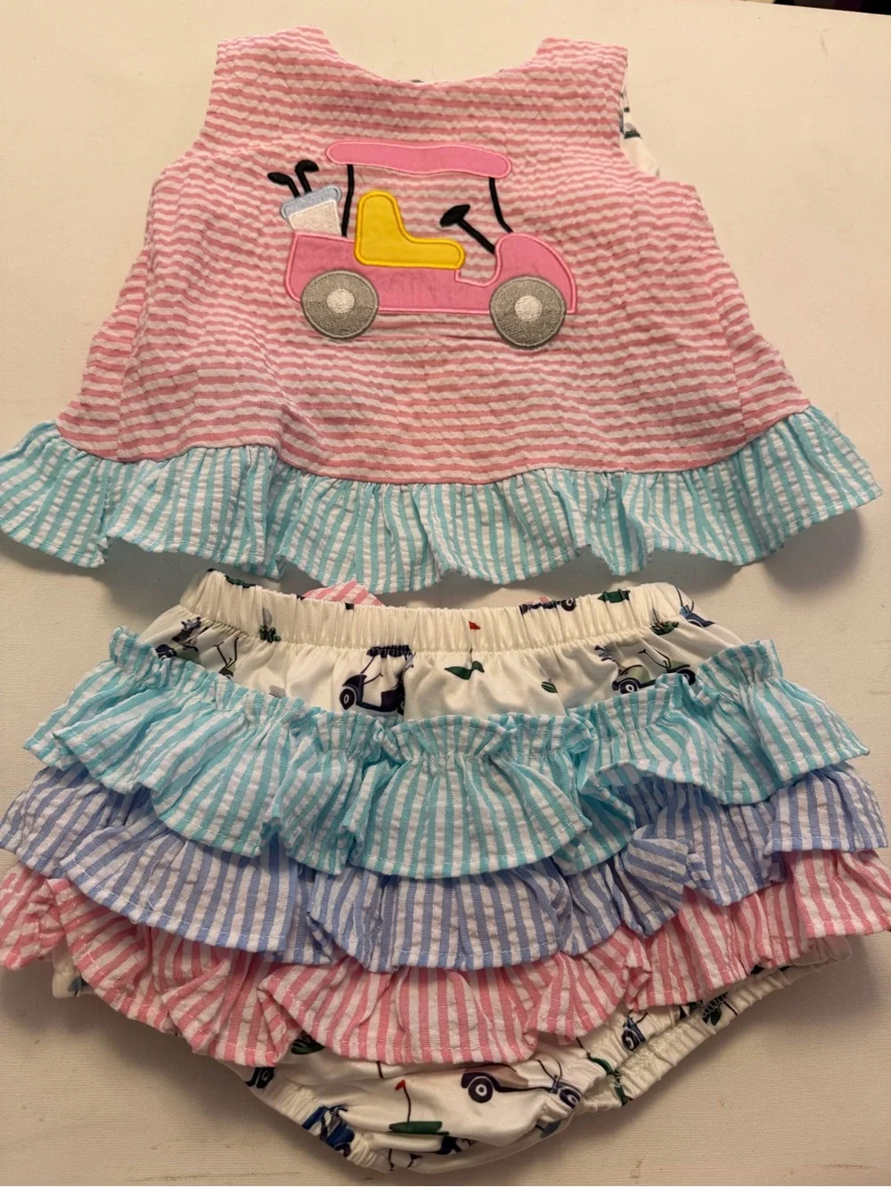 Girls Pink Striped Ruffle Two-Piece Set with Car Applique